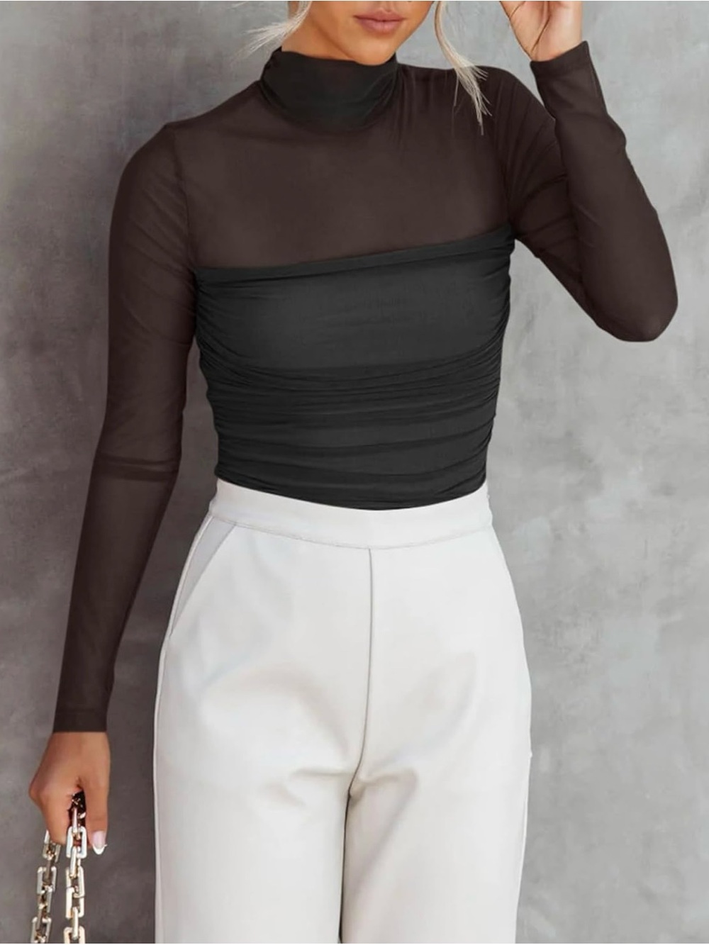 Women’s Sexy Mock Turtle Neck Sheer Mesh Ruched Bodysuit - Black Medium
